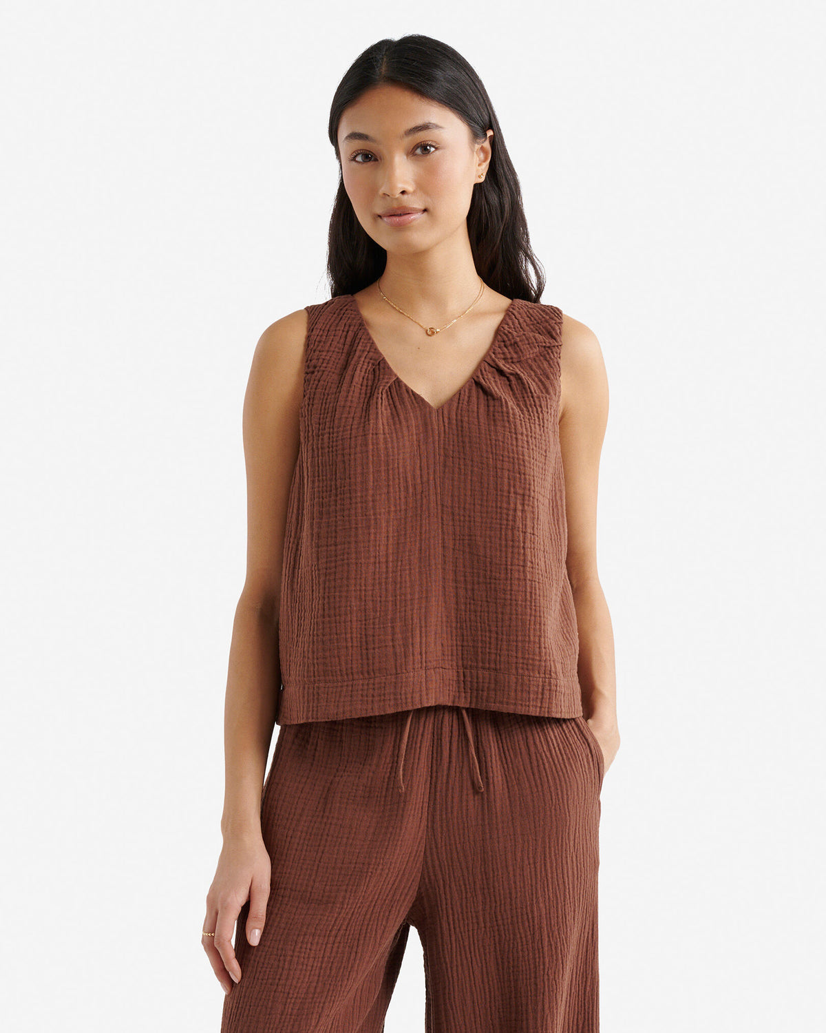 Isla Cotton Gauze Gathered Tank / ROCKY ROAD BROWN