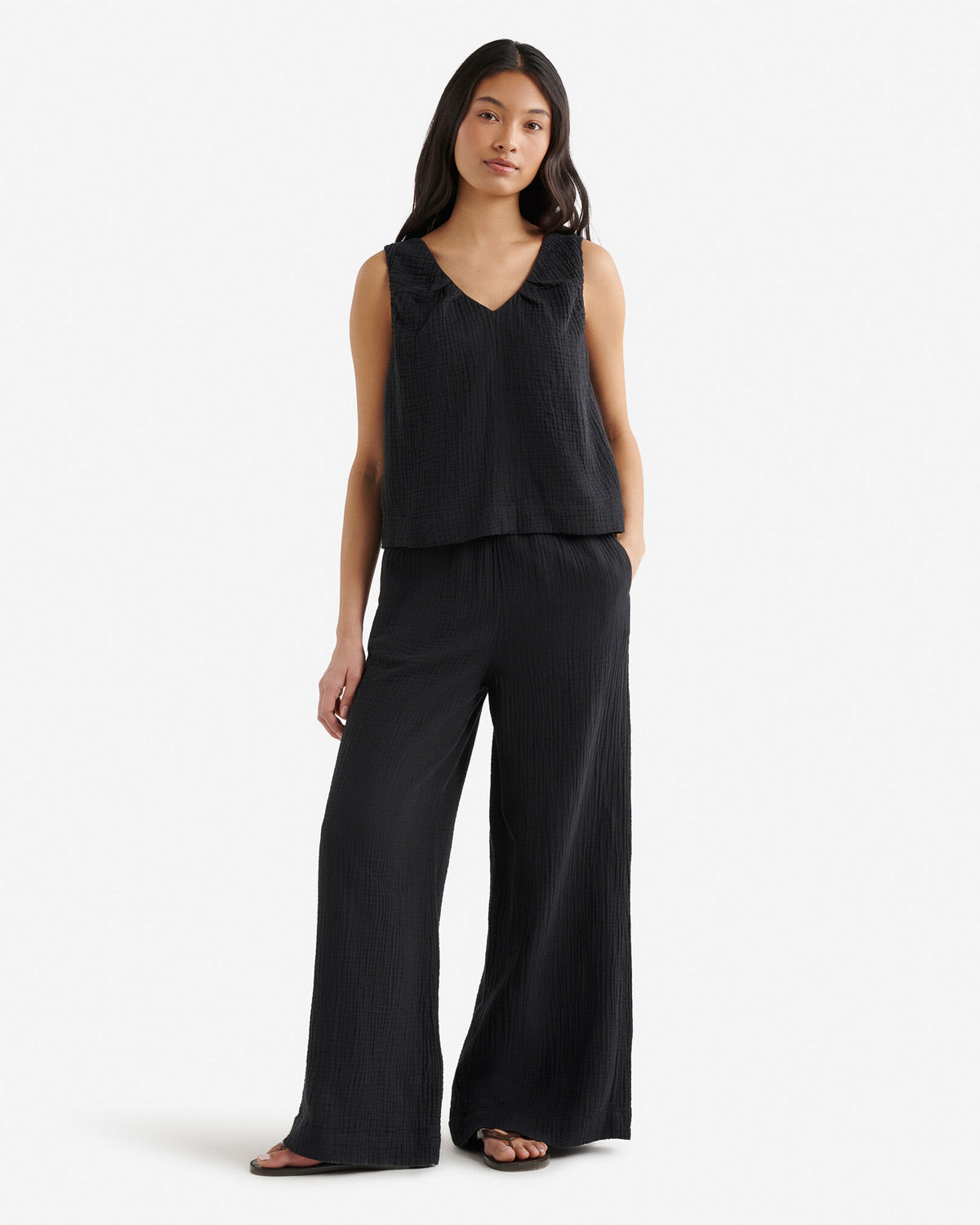 Isla Cotton Gauze Gathered Tank / BLACK
