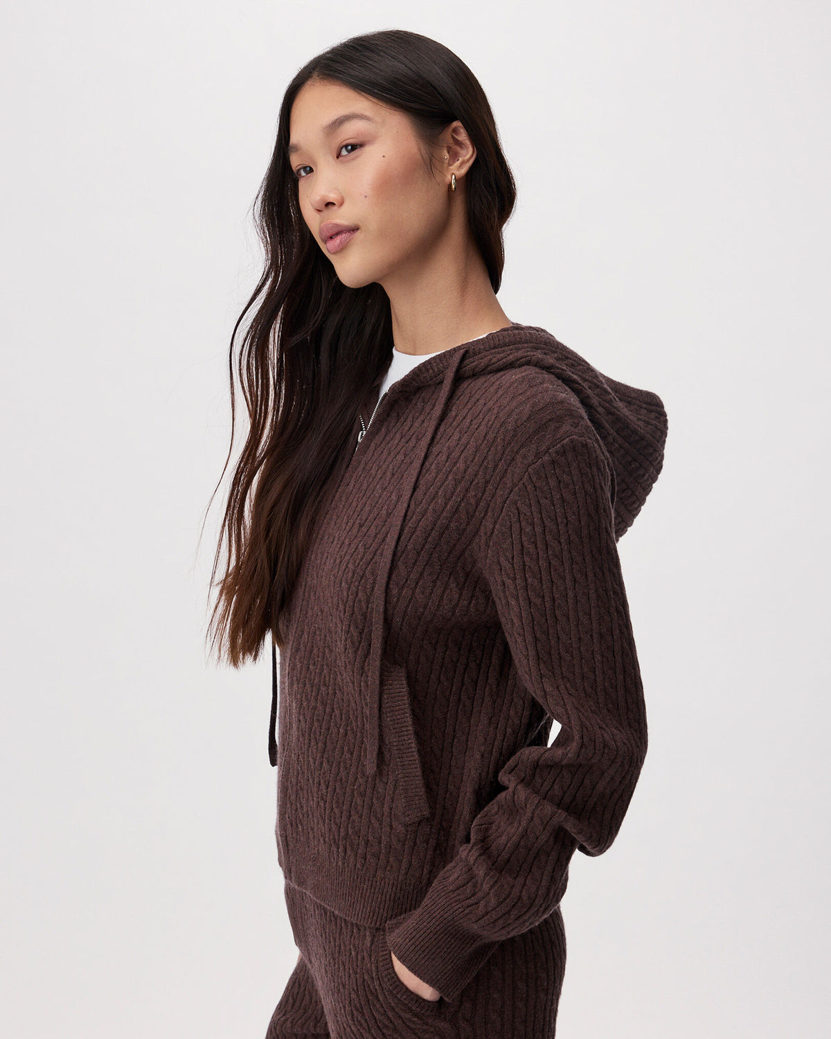 Bowen Cable Knit Full Zip Hoodie / COFFEE MIX