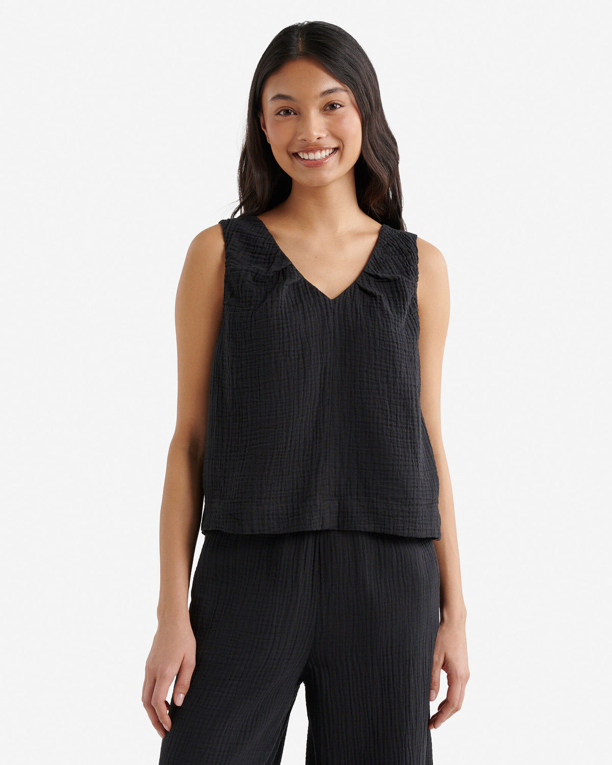 Isla Cotton Gauze Gathered Tank / BLACK