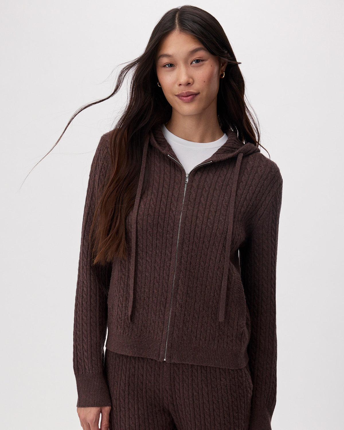 Bowen Cable Knit Full Zip Hoodie / COFFEE MIX