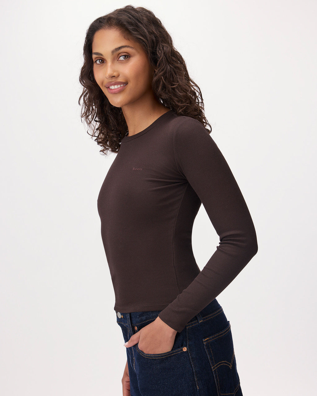 Roam Rib Fitted Long Sleeve Top / BLACK COFFEE