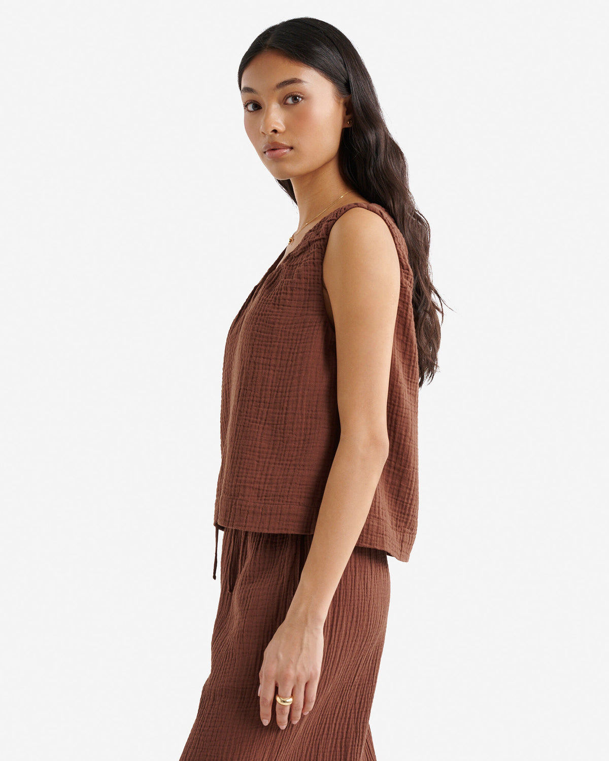Isla Cotton Gauze Gathered Tank / ROCKY ROAD BROWN