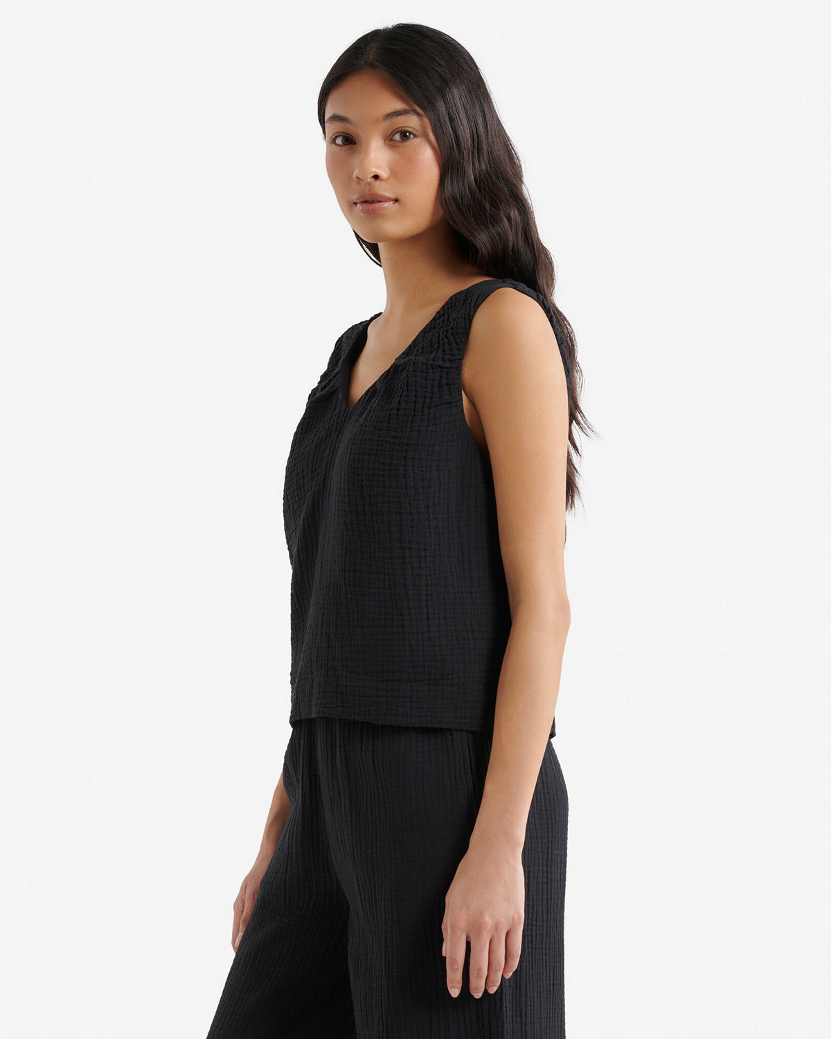 Isla Cotton Gauze Gathered Tank / BLACK