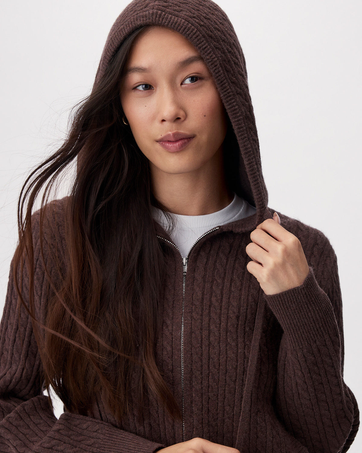 Bowen Cable Knit Full Zip Hoodie / COFFEE MIX