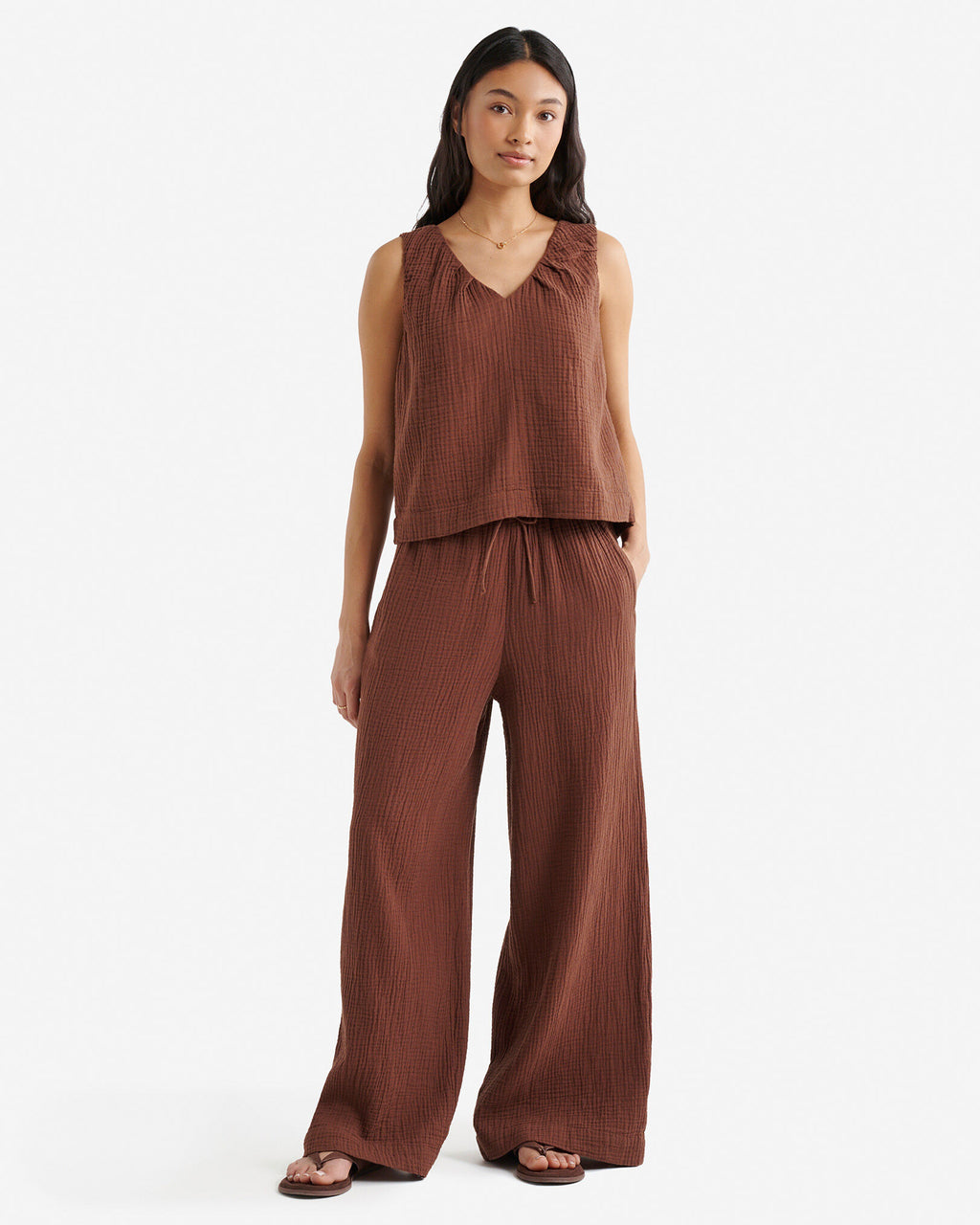 Isla Cotton Gauze Gathered Tank / ROCKY ROAD BROWN